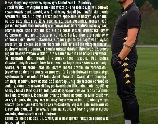 Trener Arkadiusz Bator podsumowuje mecz: debiut Różańskiego, zmiana Hajdela i postęp w obronie