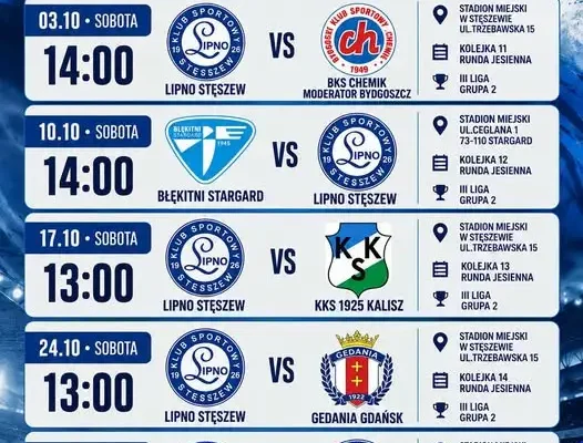 KS Lipno Stęszew: pięć ligowych spotkań w październiku