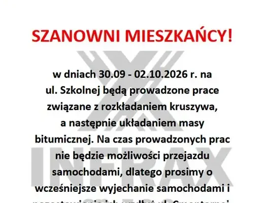 Utrudnienia na ul. Szkolnej w Gminie Bobrowniki – prace drogowe 30.09–02.10.2026