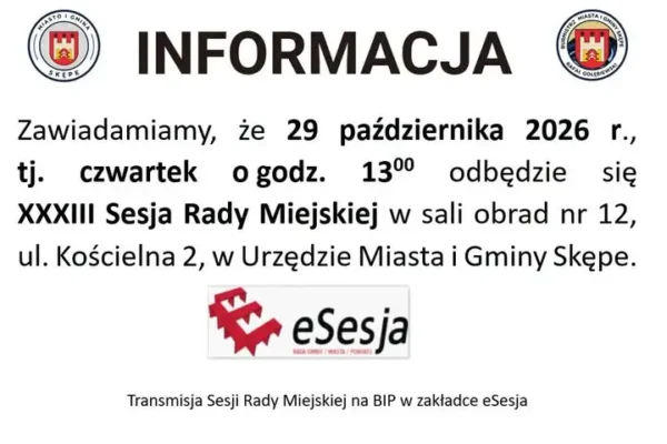XXXIII Sesja Rady Miejskiej w Skępem – 29 października 2026