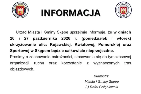 Skępe: skrzyżowanie czterech ulic zamknięte 26 i 27 października